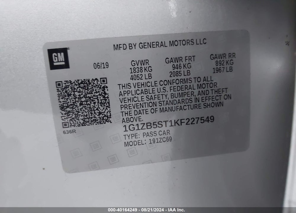 2019 CHEVROLET MALIBU 1LS VIN: 1G1ZB5ST1KF227549