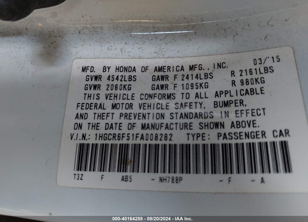 2015 HONDA ACCORD HYBRID EX-L VIN: 1HGCR6F51FA008282