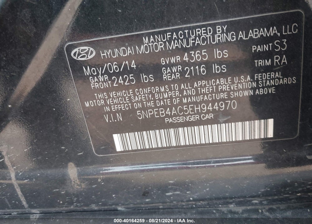 2014 HYUNDAI SONATA GLS VIN: 5NPEB4AC5EH944970