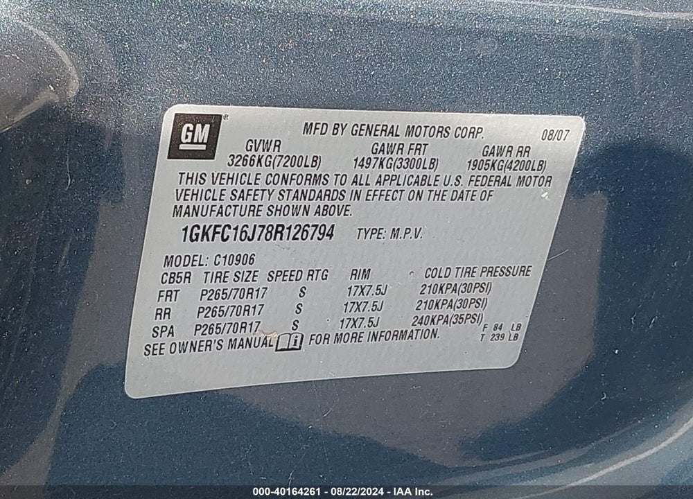 2008 GMC YUKON XL 1500 SLT VIN: 1GKFC16J78R126794
