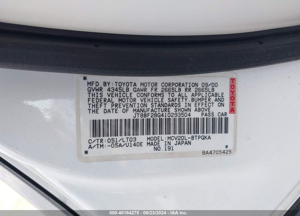 2001 LEXUS ES 300 VIN: JT8BF28G410293504