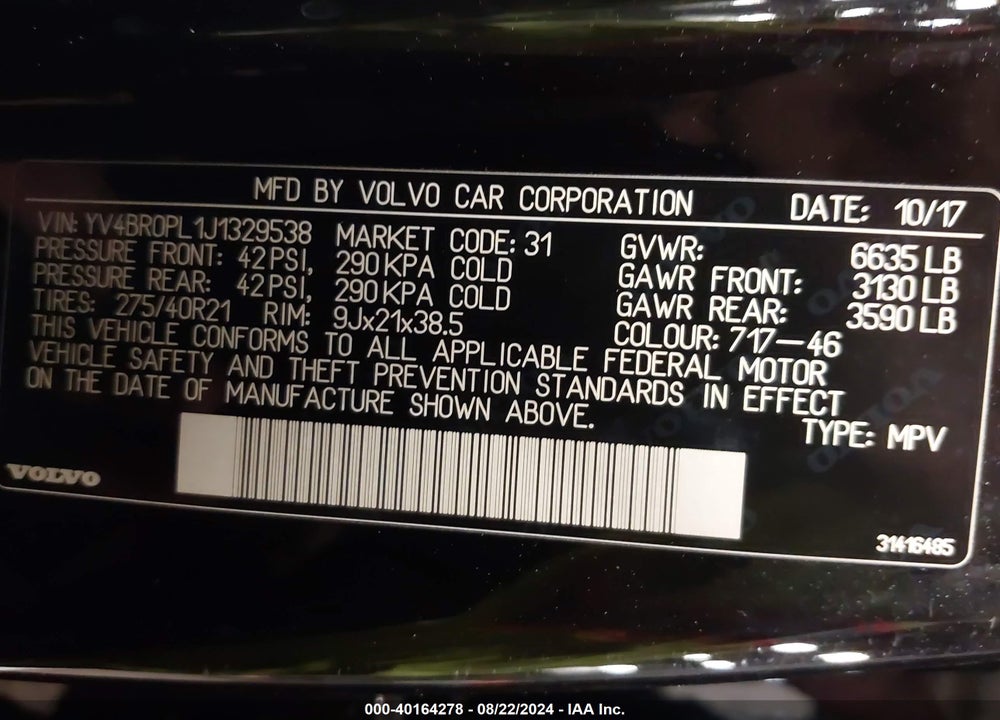 2018 VOLVO XC90 HYBRID T8 INSCRIPTION VIN: YV4BR0PL1J1329538