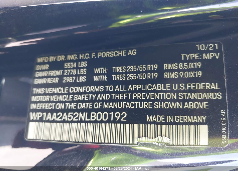 2022 PORSCHE MACAN VIN: WP1AA2A52NLB00192