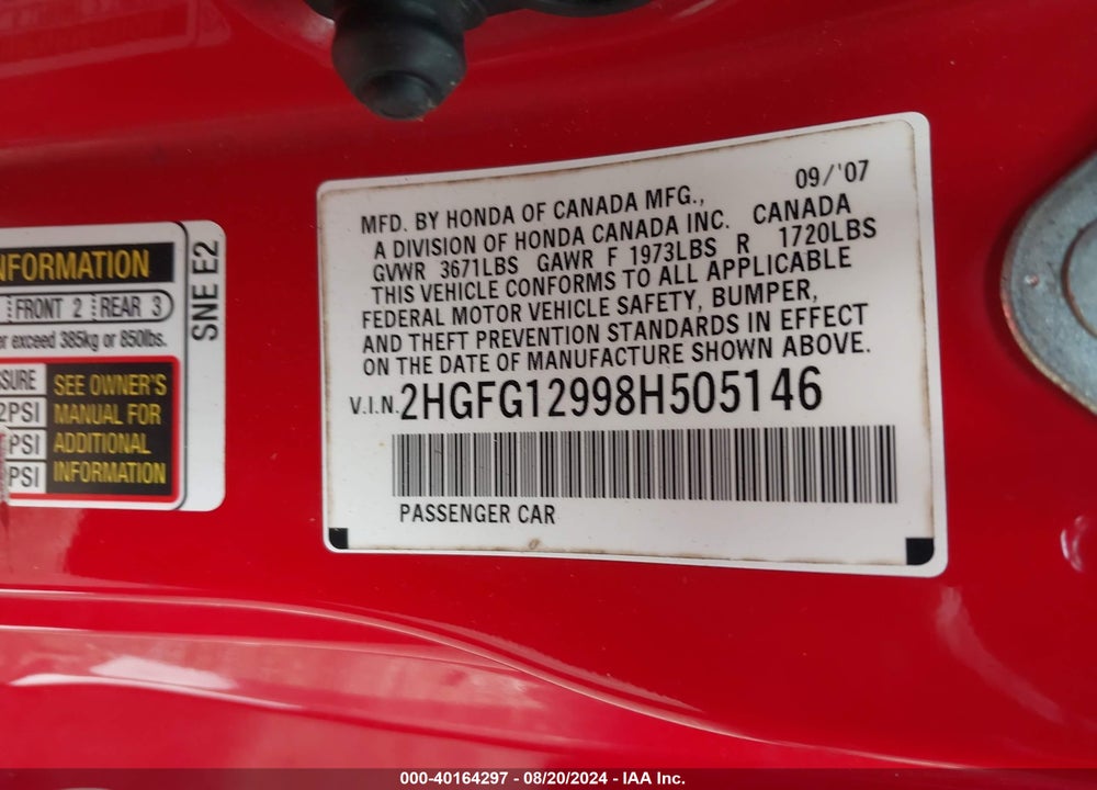 2008 HONDA CIVIC EX-L VIN: 2HGFG12998H505146