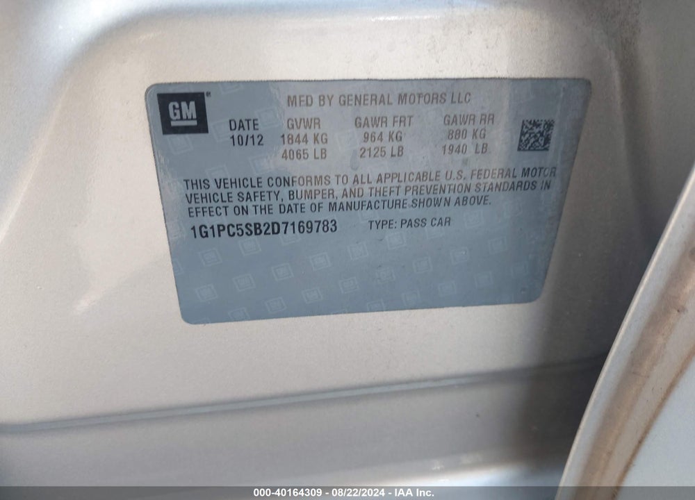 2013 CHEVROLET CRUZE 1LT AUTO VIN: 1G1PC5SB2D7169783