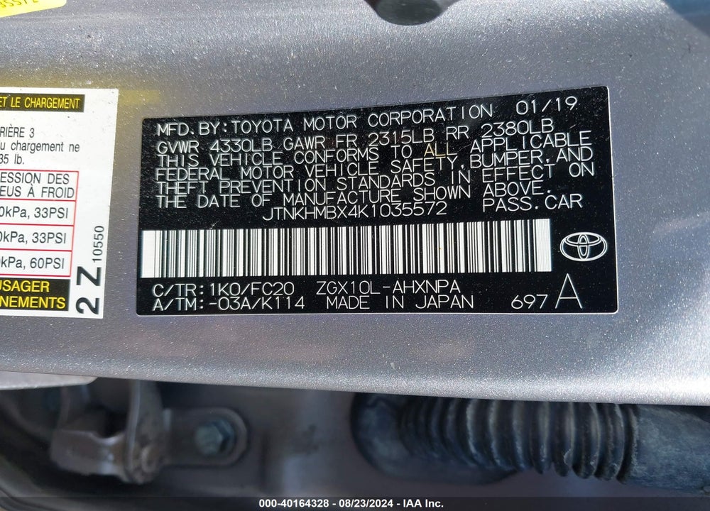 2019 TOYOTA C-HR LE VIN: JTNKHMBX4K1035572