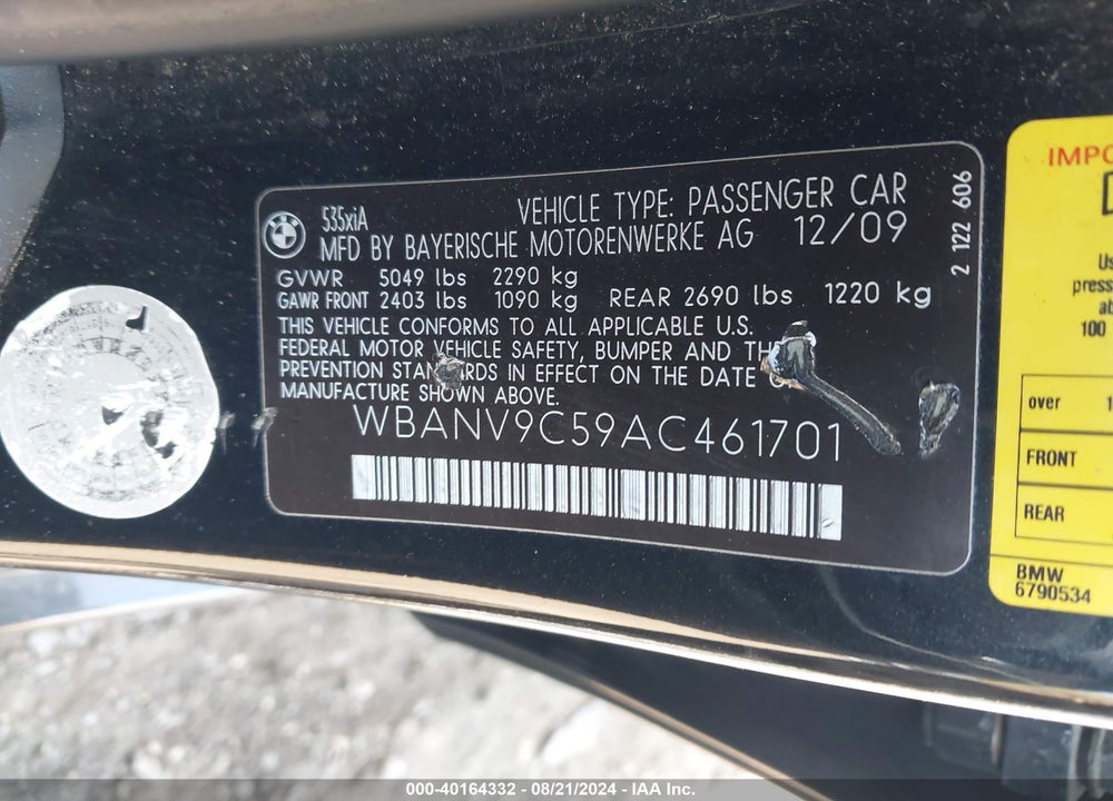 2010 BMW 535I XDRIVE VIN: WBANV9C59AC461701