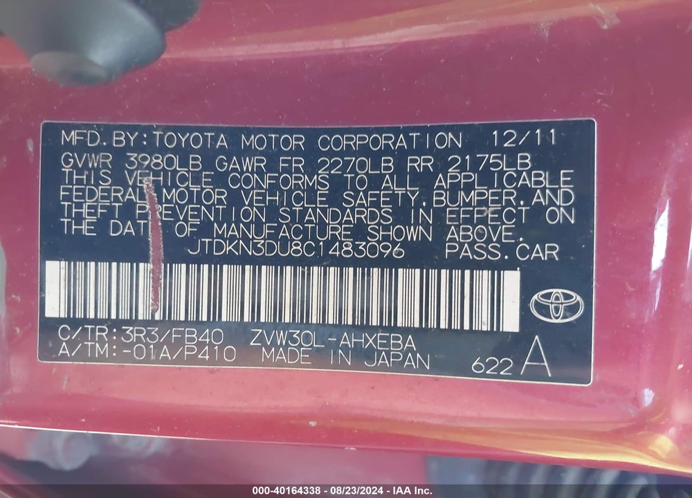 2012 TOYOTA PRIUS TWO VIN: JTDKN3DU8C1483096