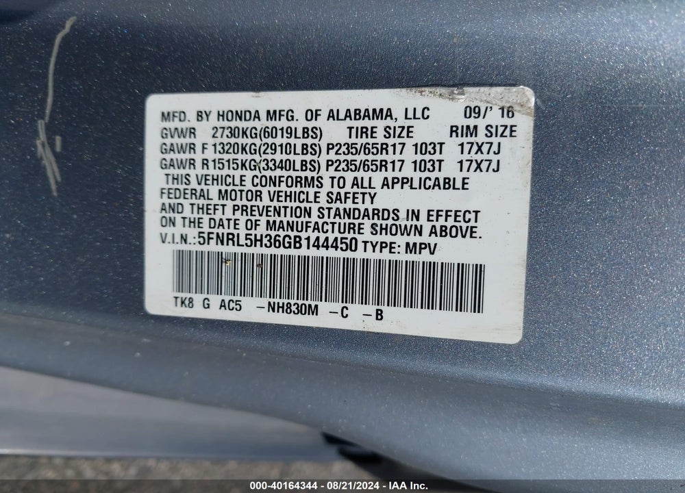 2016 HONDA ODYSSEY SE VIN: 5FNRL5H36GB144450