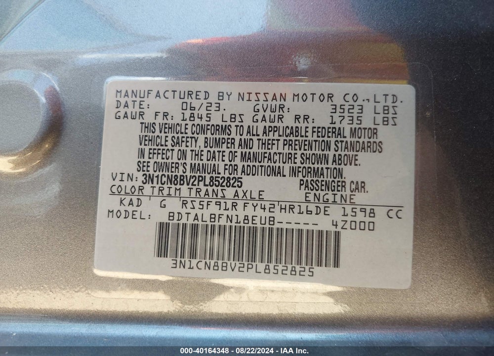 2023 NISSAN VERSA S 5-SPEED MANUAL TRANSMISSION VIN: 3N1CN8BV2PL852825