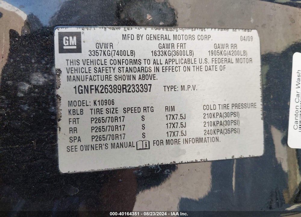 2009 CHEVROLET SUBURBAN 1500 LT2 VIN: 1GNFK26389R233397