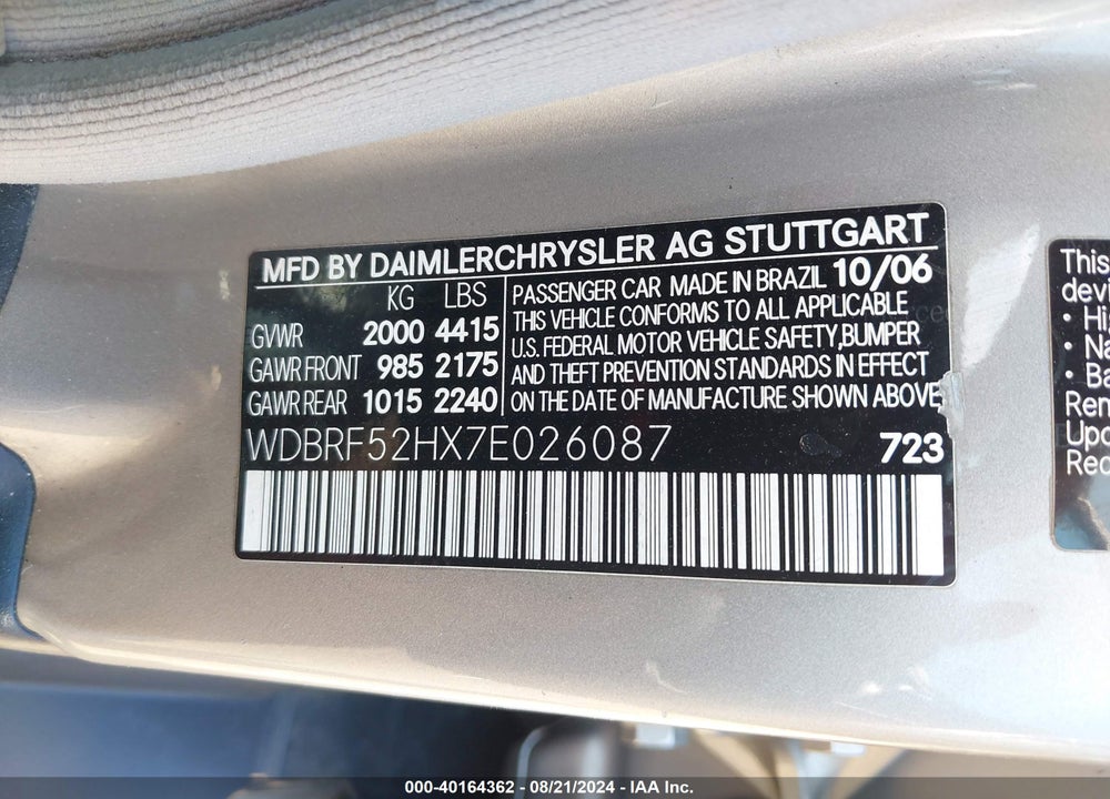 2007 MERCEDES-BENZ C 230 SPORT VIN: WDBRF52HX7E026087