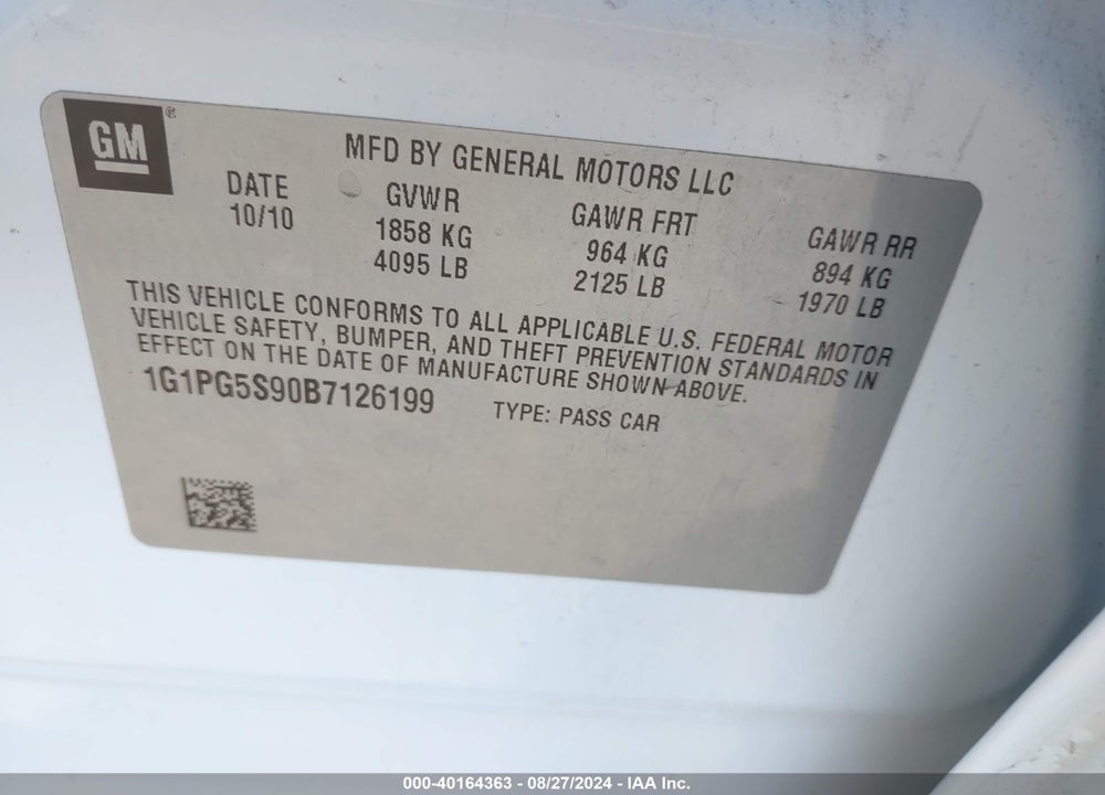 2011 CHEVROLET CRUZE 2LT VIN: 1G1PG5S90B7126199