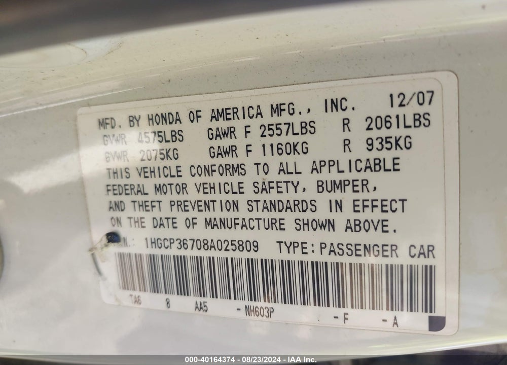 2008 HONDA ACCORD 3.5 EX VIN: 1HGCP36708A025809