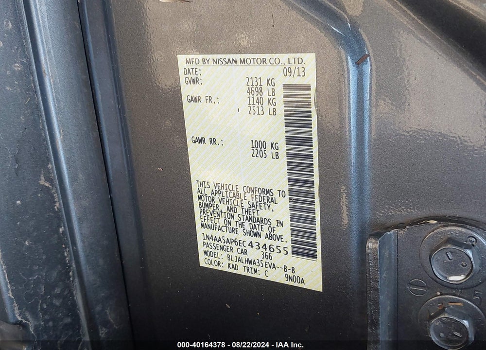 2014 NISSAN MAXIMA 3.5 SV VIN: 1N4AA5AP6EC434655