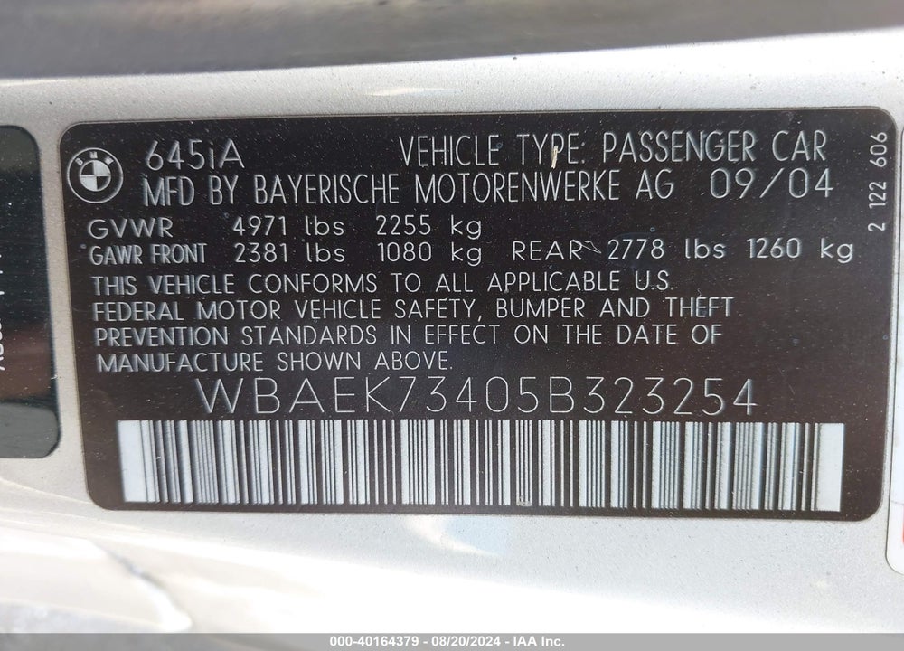 2005 BMW 645CI VIN: WBAEK73405B323254