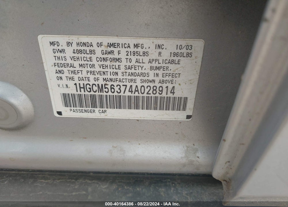2004 HONDA ACCORD 2.4 LX VIN: 1HGCM56374A028914