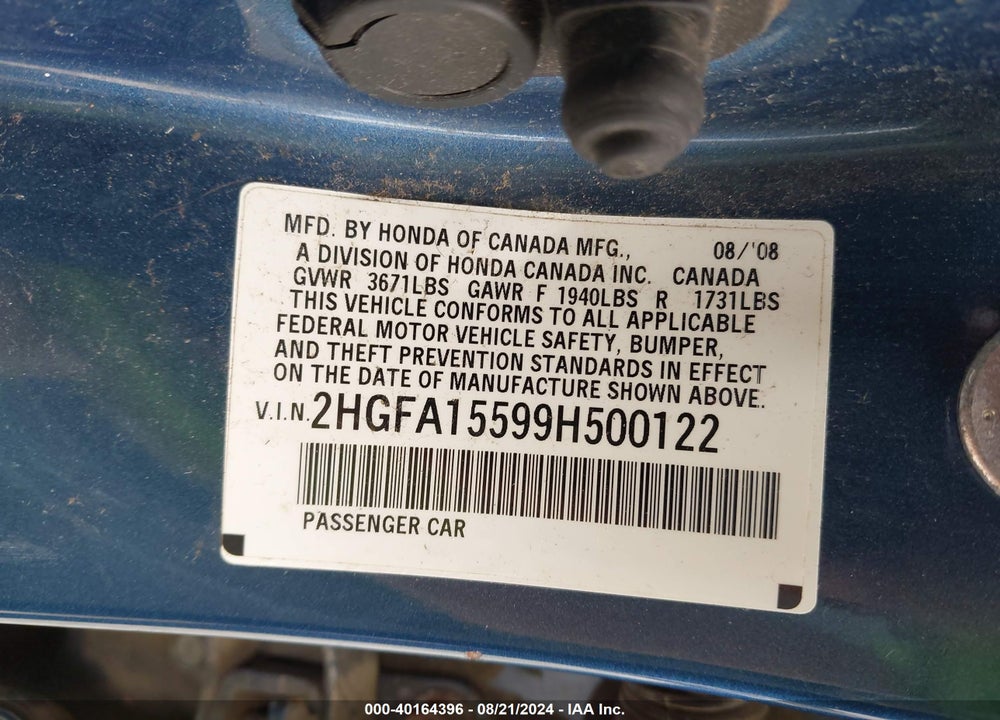 2009 HONDA CIVIC LX VIN: 2HGFA15599H500122