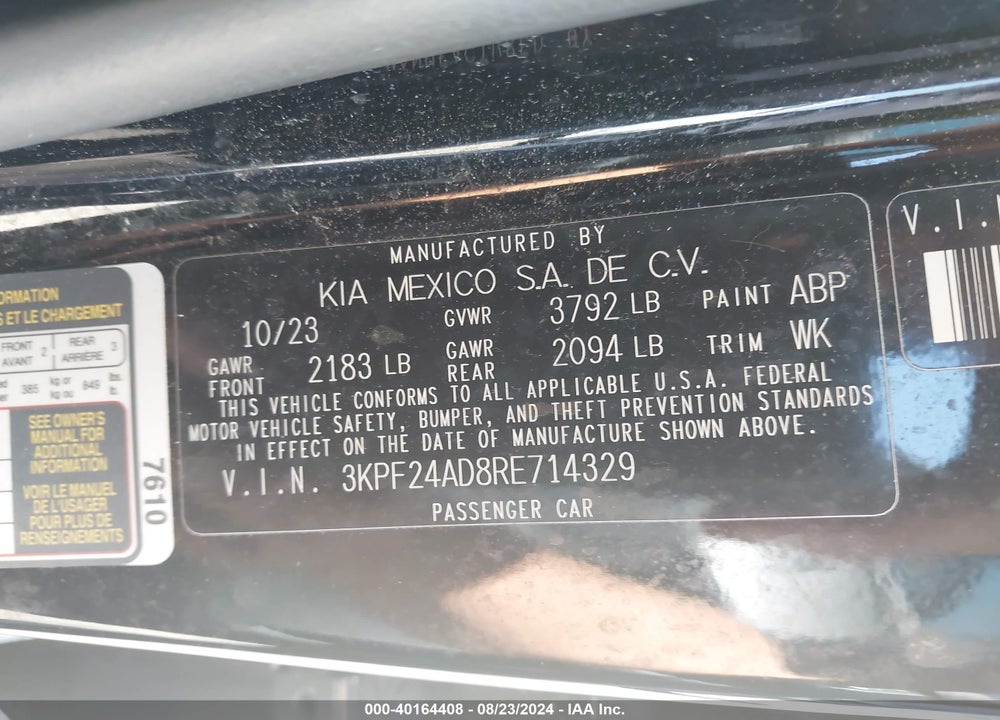 2024 KIA FORTE LXS VIN: 3KPF24AD8RE714329