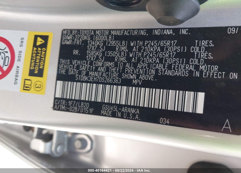 2013 TOYOTA HIGHLANDER VIN: 5TDBK3EH7DS266363