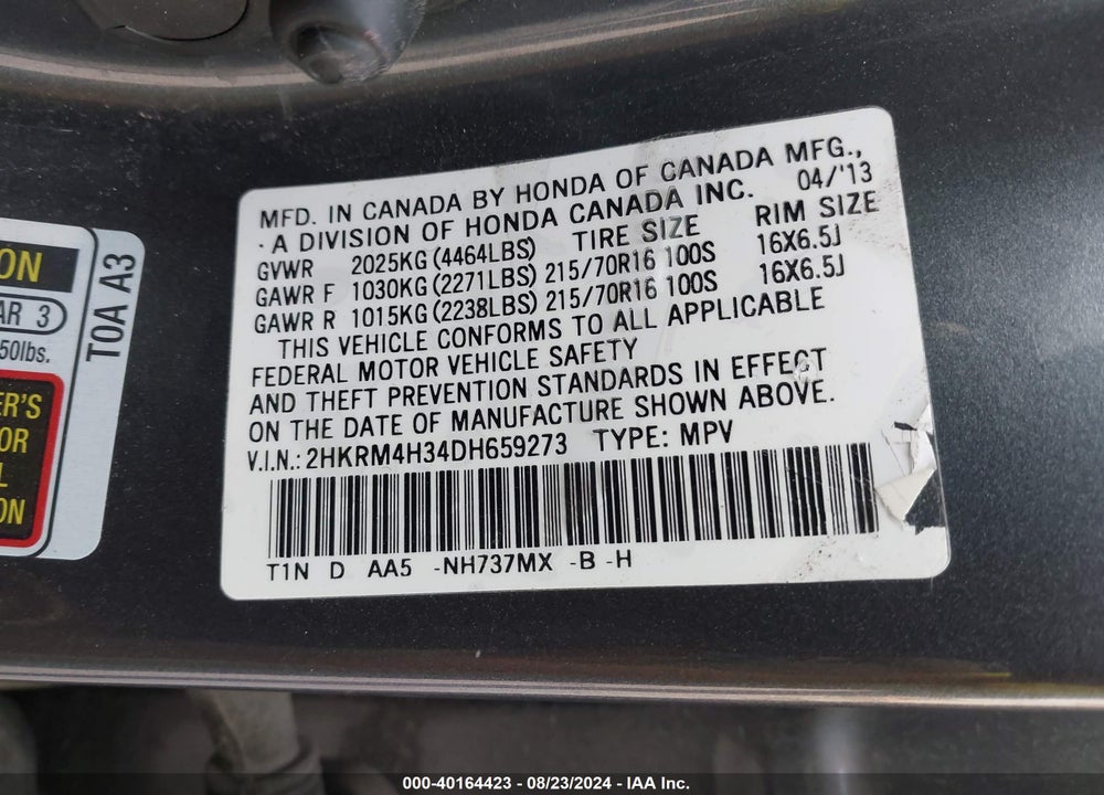 2013 HONDA CR-V LX VIN: 2HKRM4H34DH659273