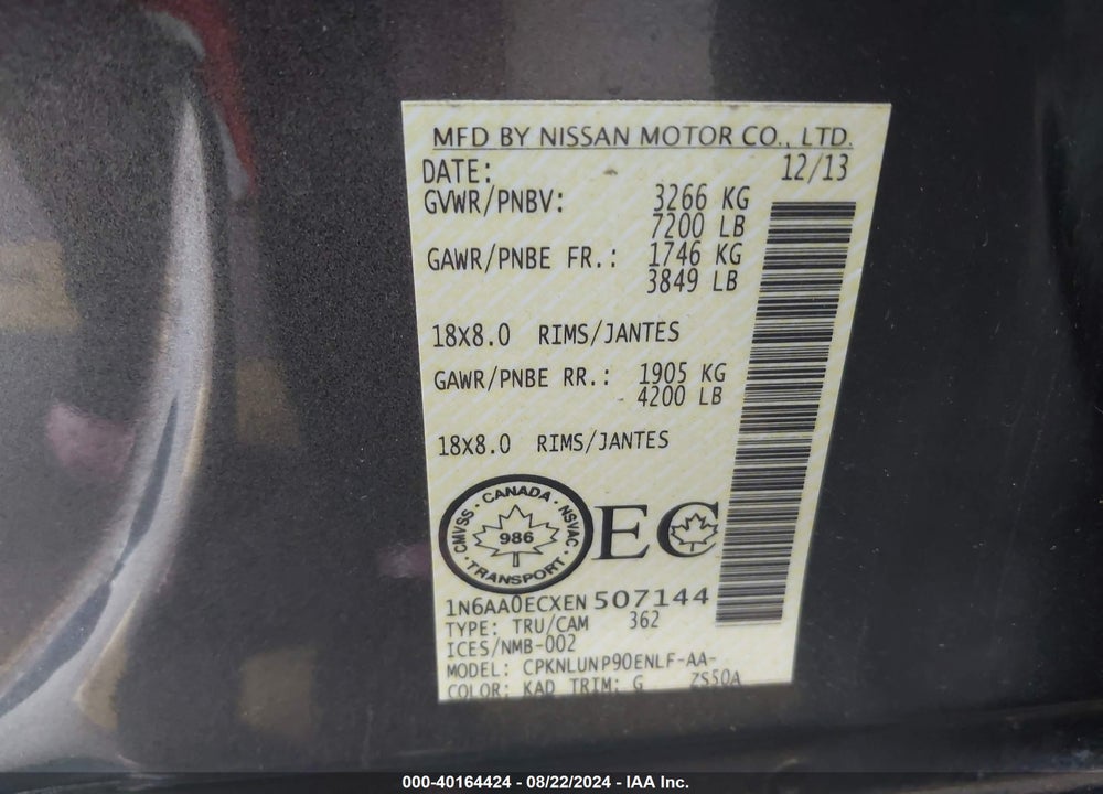2014 NISSAN TITAN PRO-4X/S/SL/SV VIN: 1N6AA0ECXEN507144