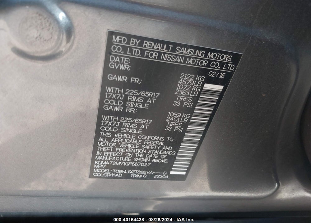 2016 NISSAN ROGUE SV VIN: KNMAT2MV1GP667027