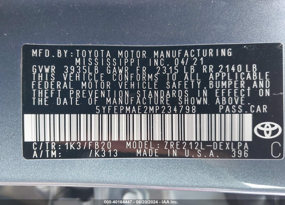 2021 TOYOTA COROLLA LE VIN: 5YFEPMAE2MP234798