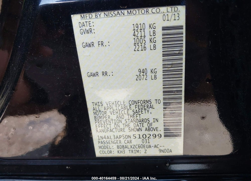 2013 NISSAN ALTIMA 2.5 SL VIN: 1N4AL3AP5DN510299