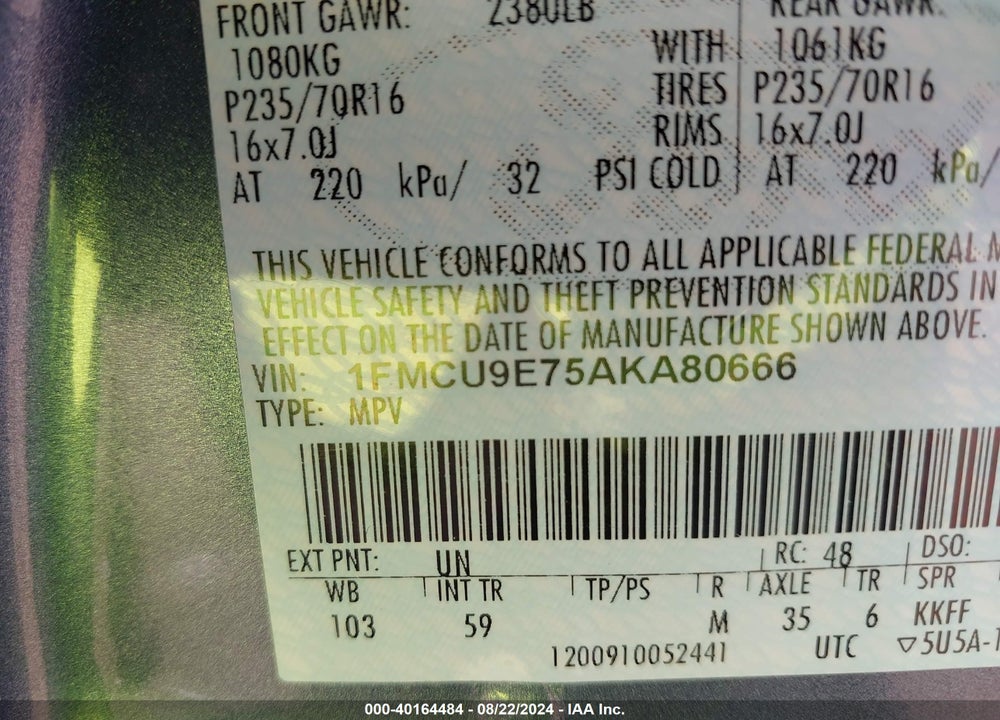 2010 FORD ESCAPE LIMITED VIN: 1FMCU9E75AKA80666