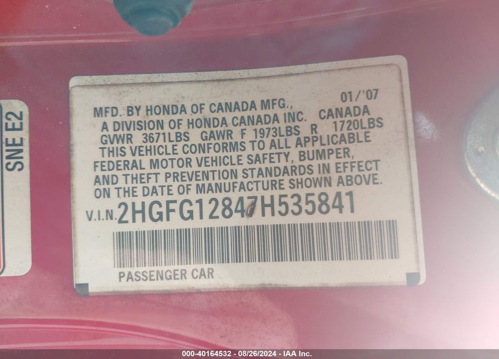 2007 HONDA CIVIC EX VIN: 2HGFG12847H535841