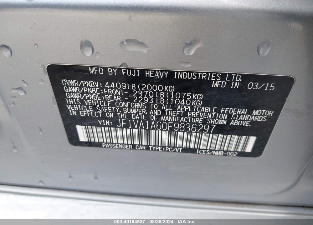 2015 SUBARU WRX VIN: JF1VA1A60F9836297