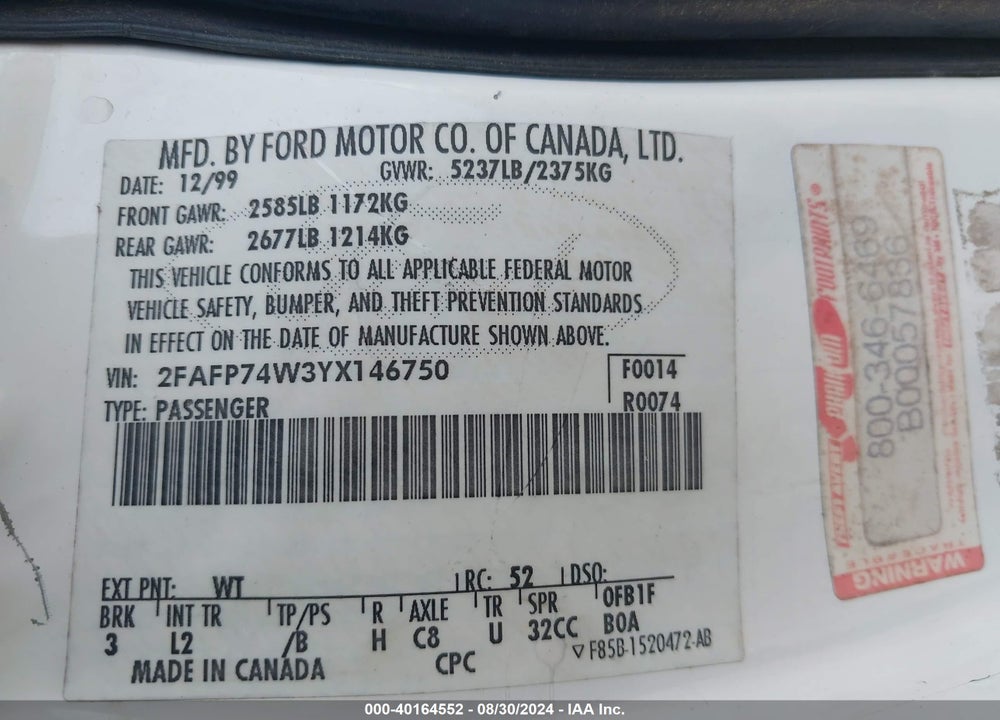 2000 FORD CROWN VICTORIA LX VIN: 2FAFP74W3YX146750