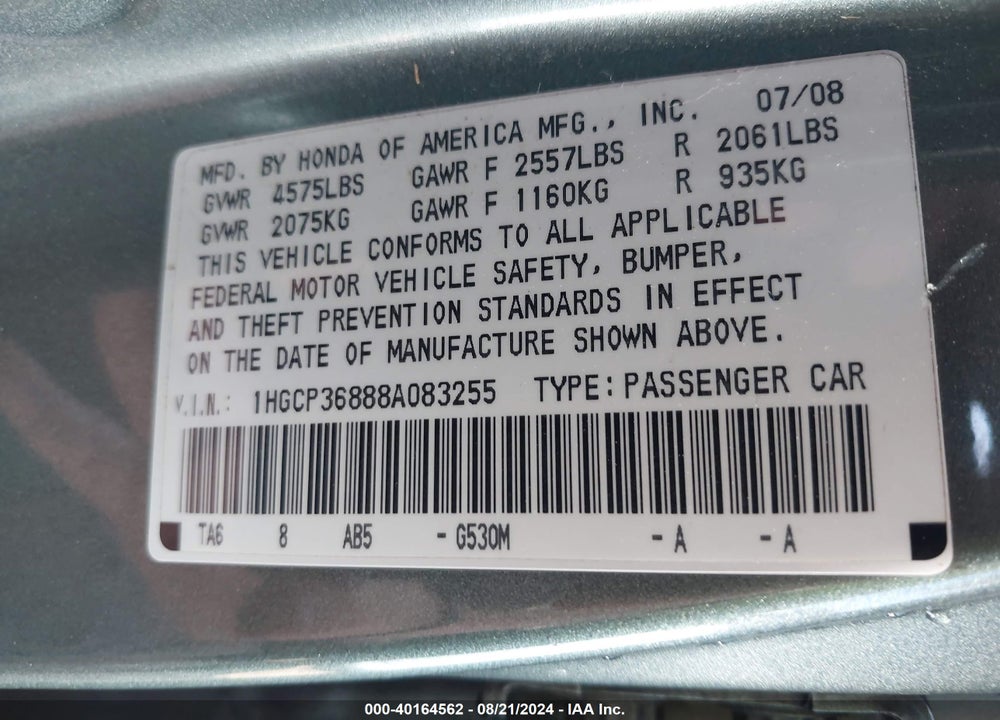 2008 HONDA ACCORD 3.5 EX-L VIN: 1HGCP36888A083255