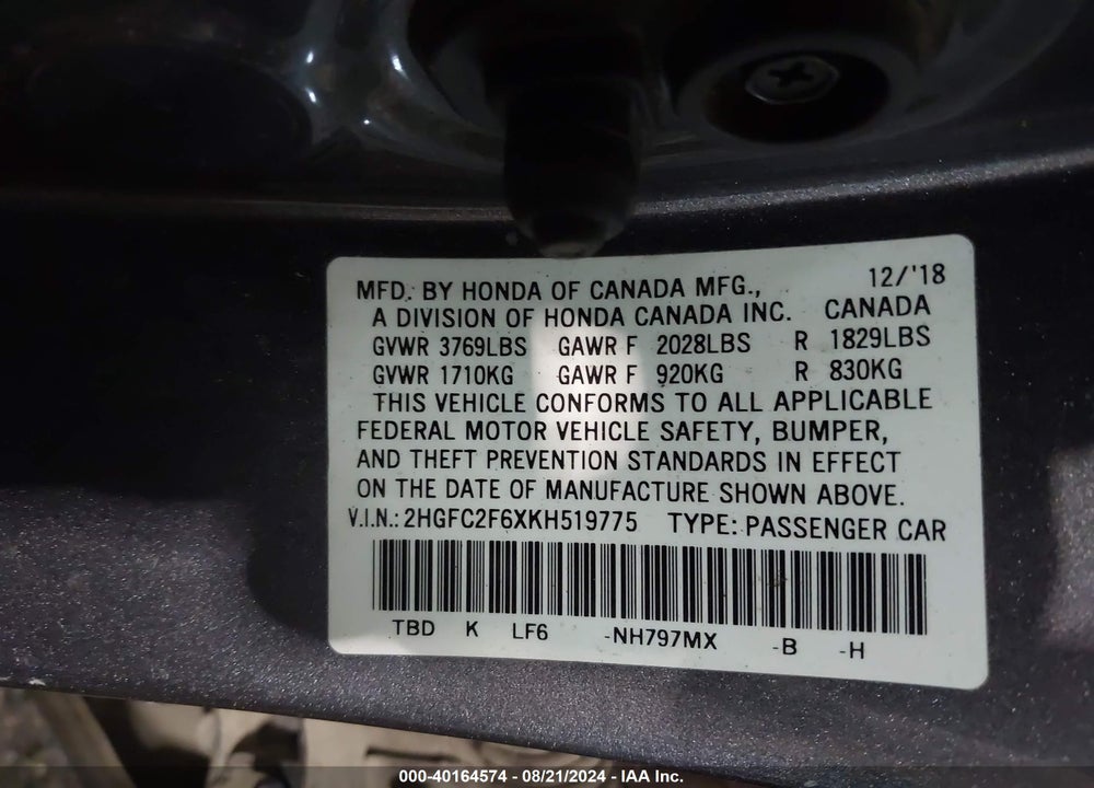 2019 HONDA CIVIC LX VIN: 2HGFC2F6XKH519775