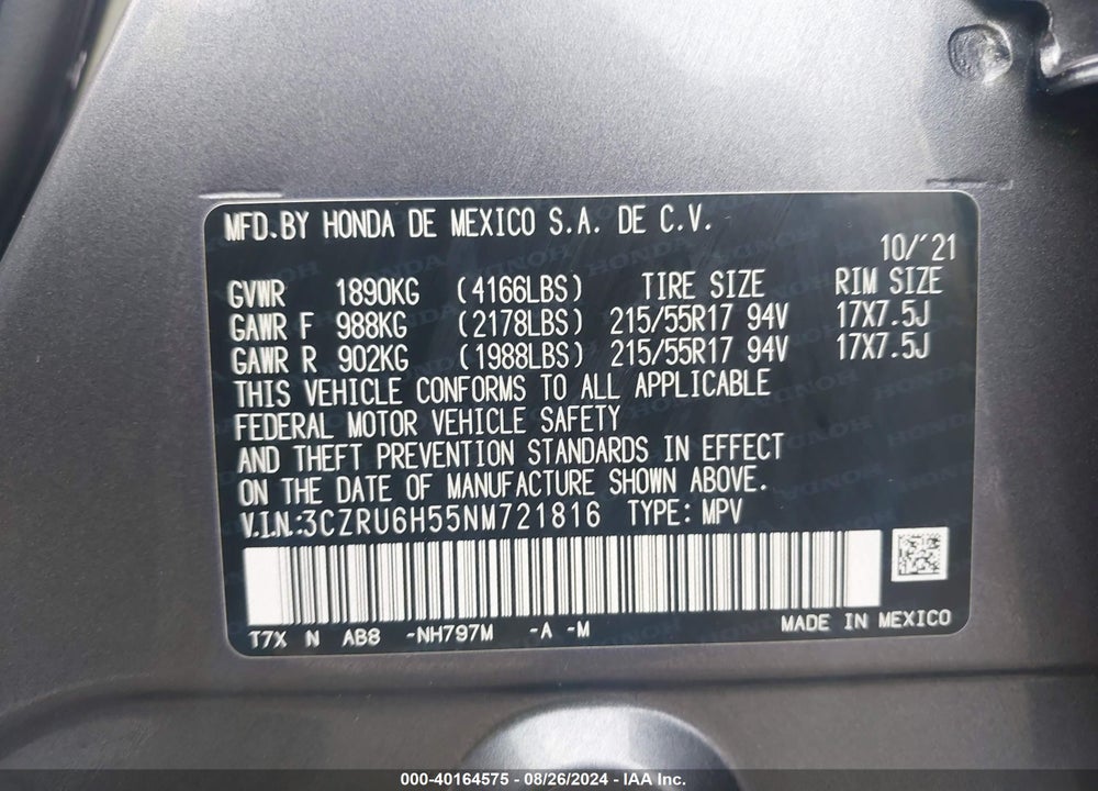 2022 HONDA HR-V AWD EX VIN: 3CZRU6H55NM721816