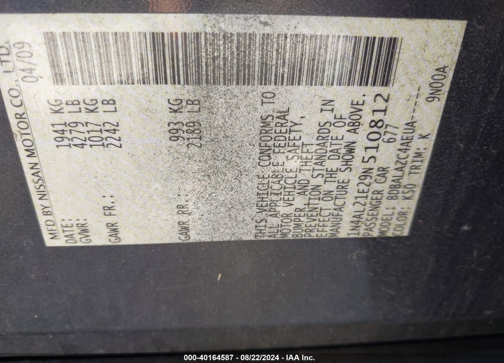2009 NISSAN ALTIMA 2.5 VIN: 1N4AL21E29N510812