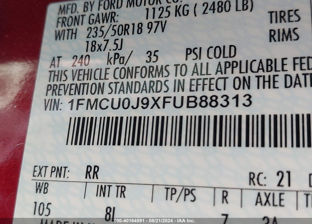 2015 FORD ESCAPE TITANIUM VIN: 1FMCU0J9XFUB88313