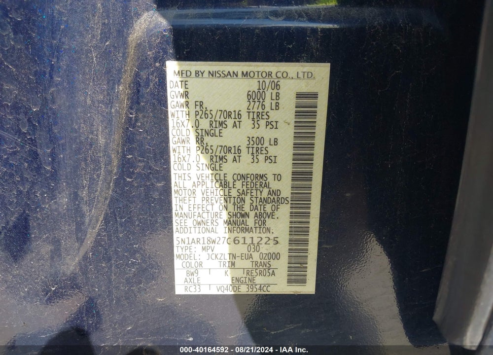 2007 NISSAN PATHFINDER SE VIN: 5N1AR18W27C611225