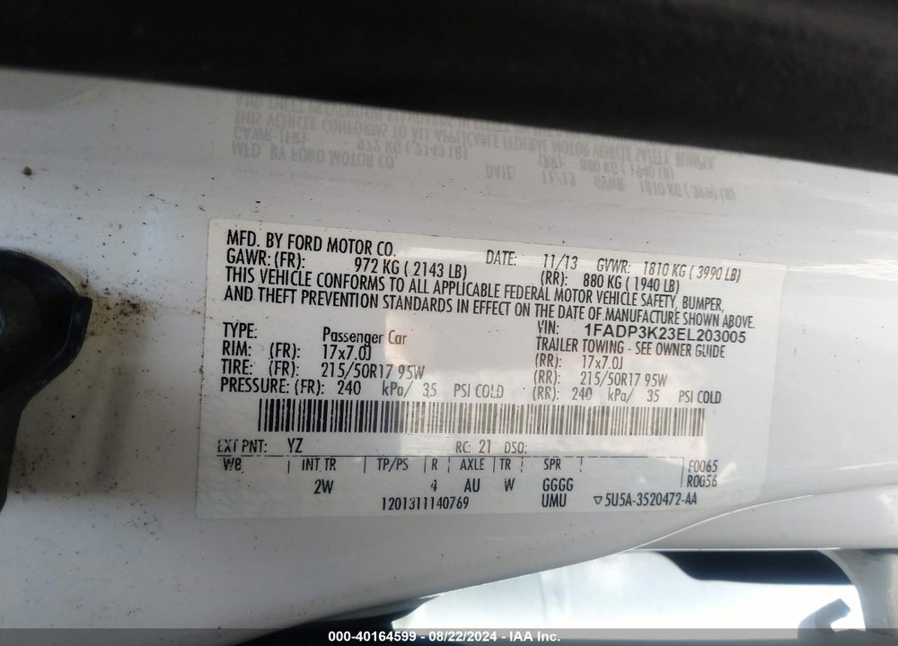 2014 FORD FOCUS SE VIN: 1FADP3K23EL203005