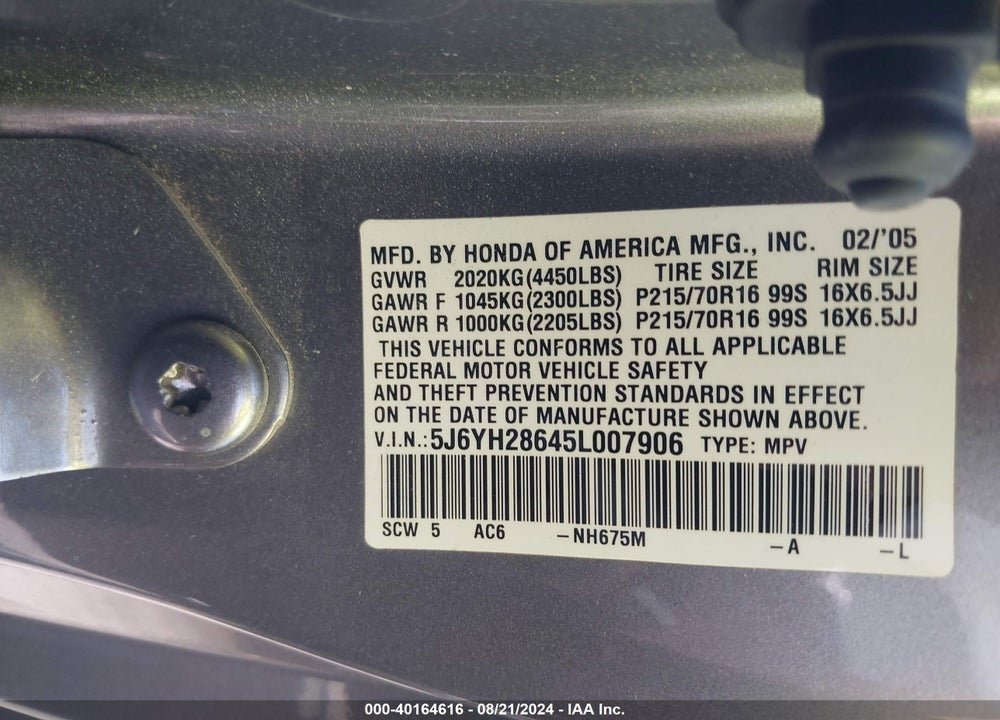 2005 HONDA ELEMENT VIN: 5J6YH28645L007906