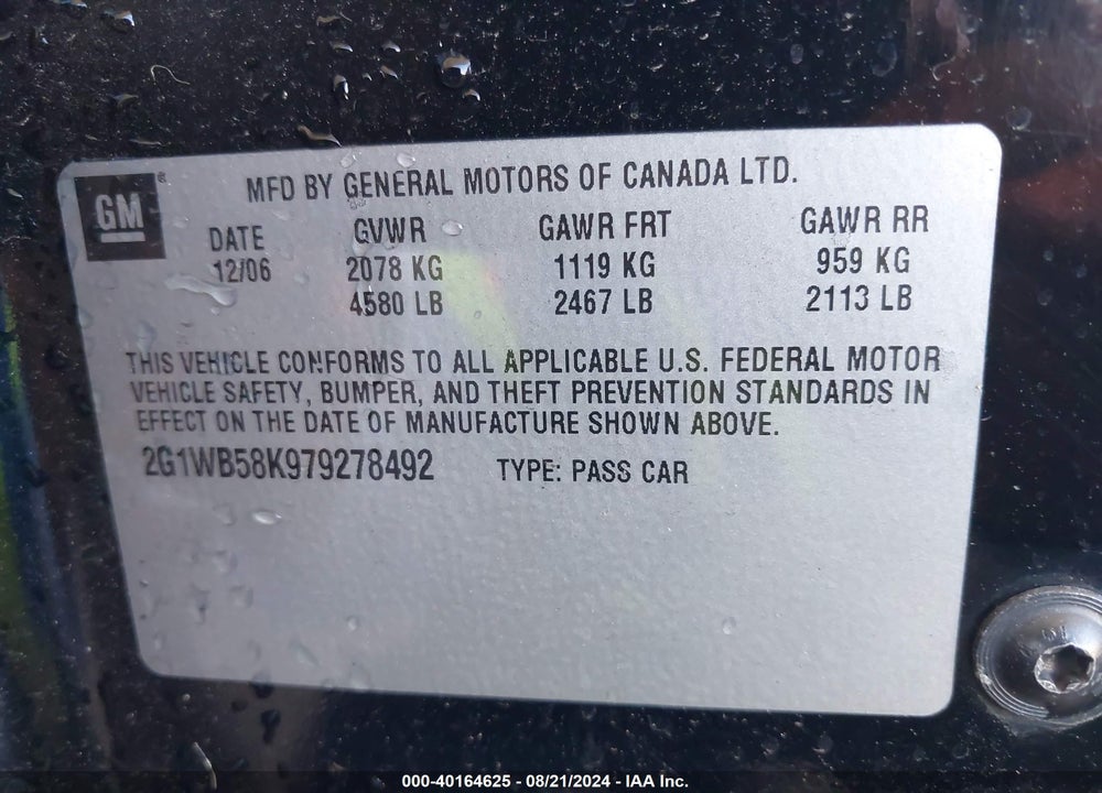 2007 CHEVROLET IMPALA LS VIN: 2G1WB58K979278492