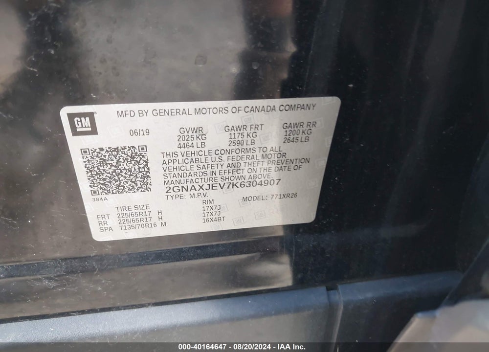 2019 CHEVROLET EQUINOX LT VIN: 2GNAXJEV7K6304907