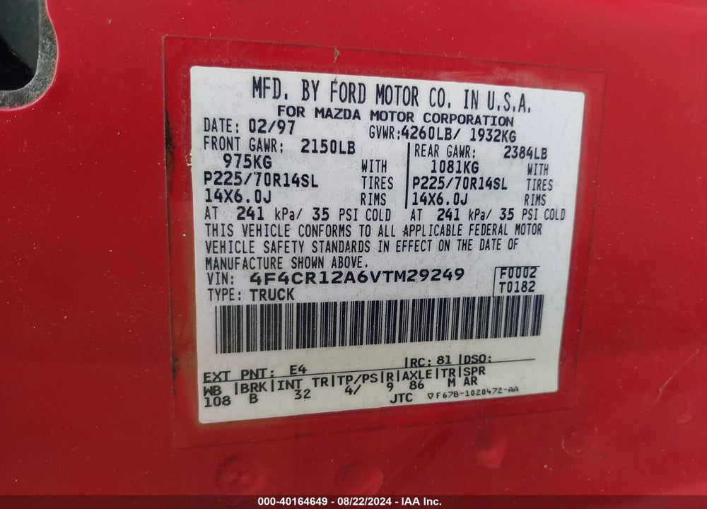 1997 MAZDA B2300 SE VIN: 4F4CR12A6VTM29249