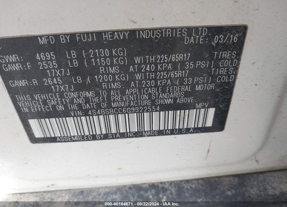 2016 SUBARU OUTBACK 2.5I PREMIUM VIN: 4S4BSBCC6G3322554
