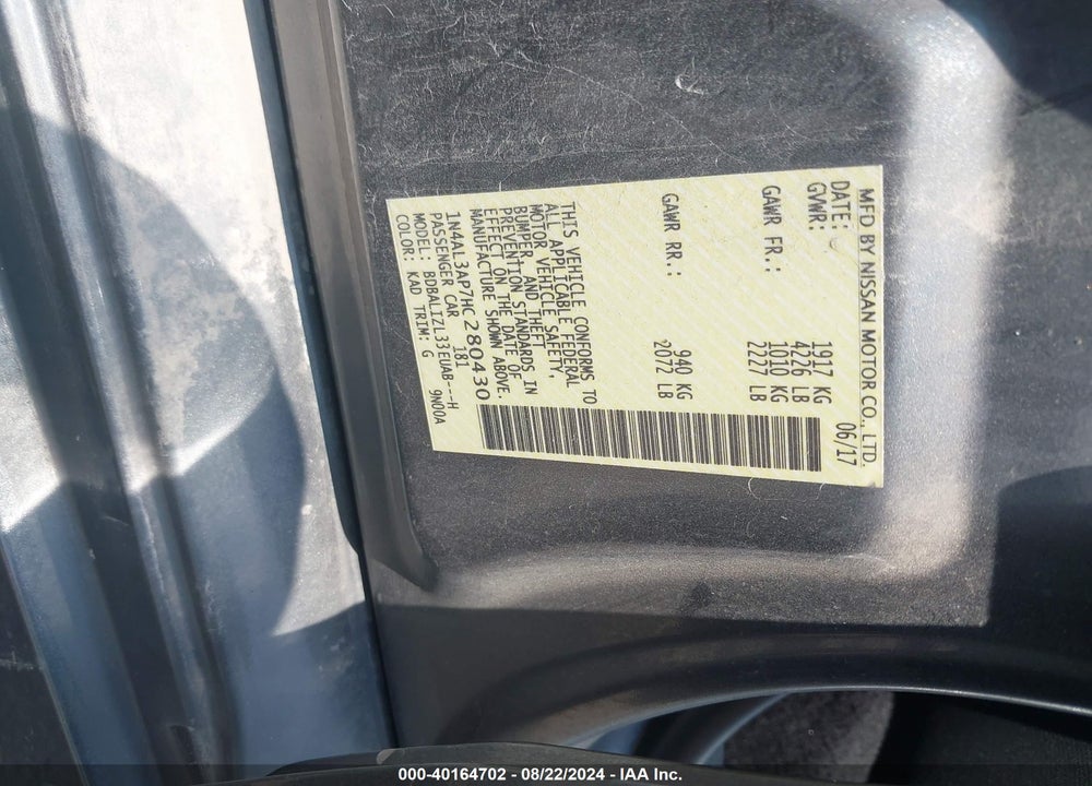 2017 NISSAN ALTIMA 2.5 SV VIN: 1N4AL3AP7HC280430