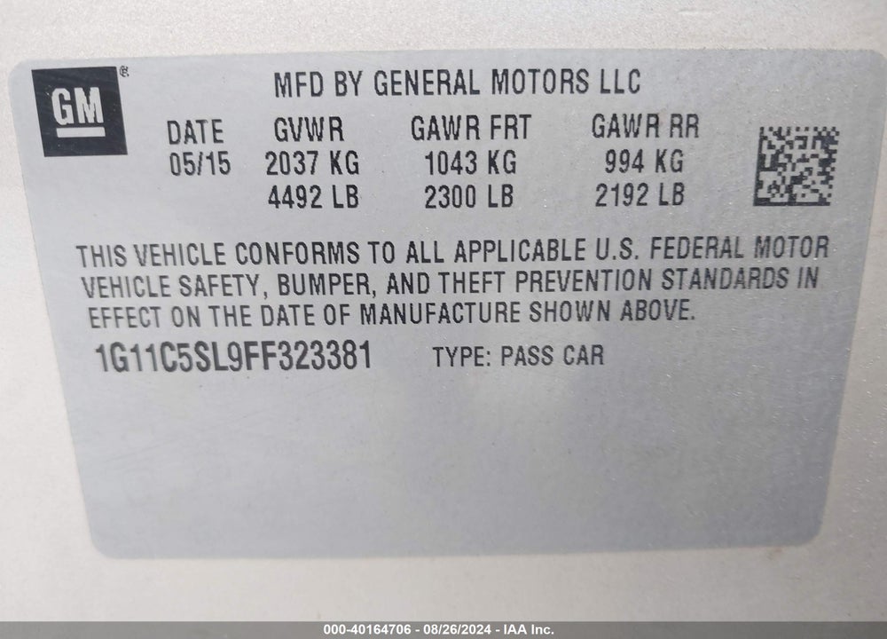 2015 CHEVROLET MALIBU VIN: 1G11C5SL9FF323381