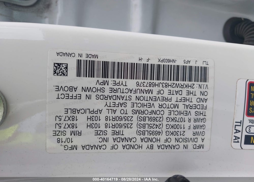 2018 HONDA CR-V EX-L/EX-L NAVI VIN: 2HKRW2H83JH687376