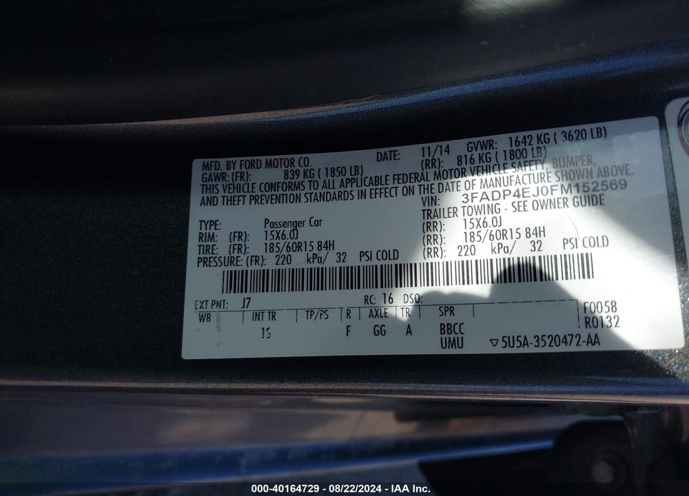 2015 FORD FIESTA SE VIN: 3FADP4EJ0FM152569