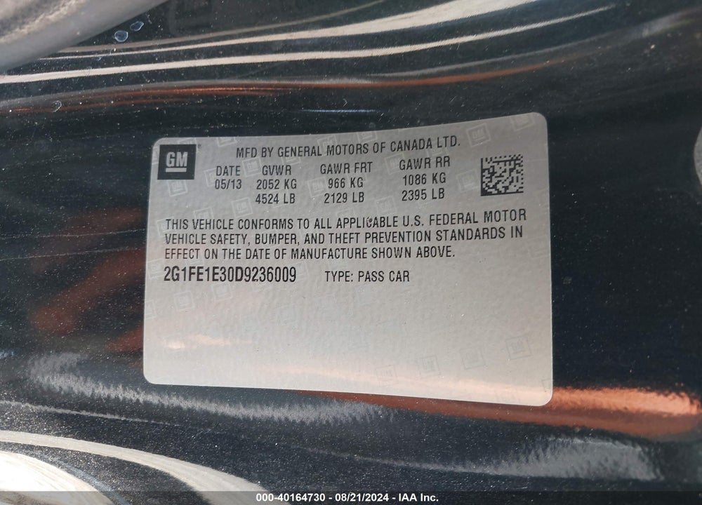 2013 CHEVROLET CAMARO 1LS VIN: 2G1FE1E30D9236009